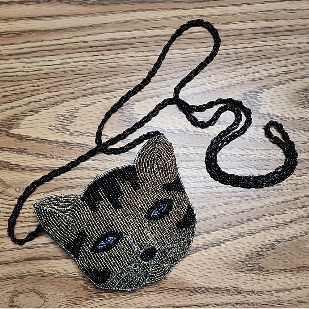 Vintage Beaded Cat Purse – Gold & Black Handmade Animal Face Bag with Blue Eyes